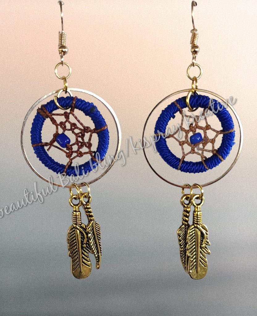 Ear rings, dreamcatcher Gold & bright navy blue length from top of hook approx 9 cm