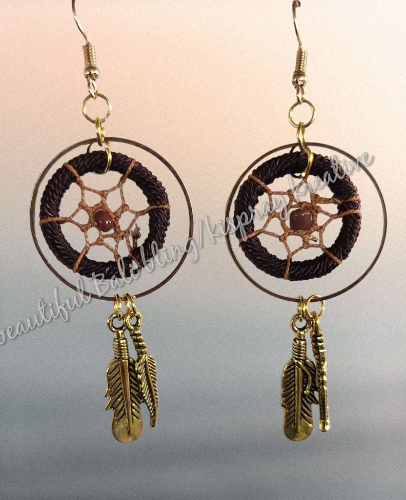 Ear rings, dreamcatcher Gold & brown, length from top of hook approx 9 cm