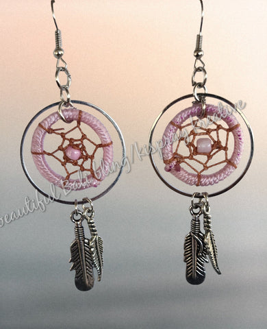 Ear rings, dreamcatcher Silver & lilac/pink, length from top of hook approx 9 cm