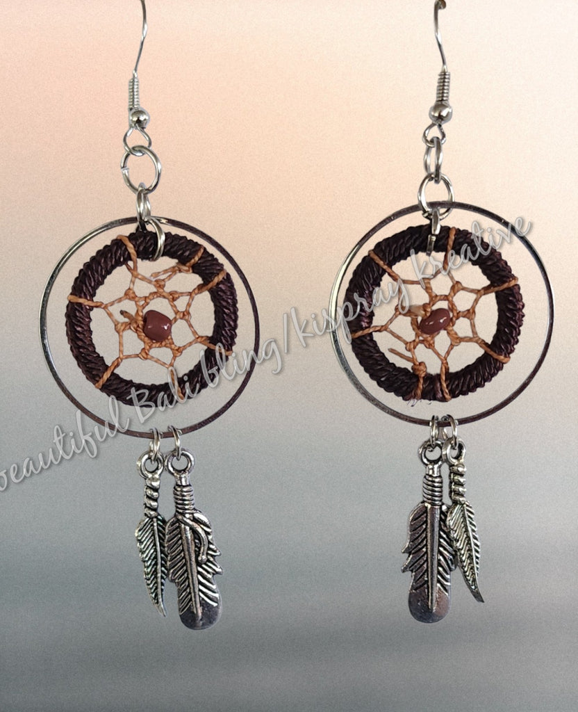 Ear rings, dreamcatcher Silver & brown, length from top of hook approx 9 cm