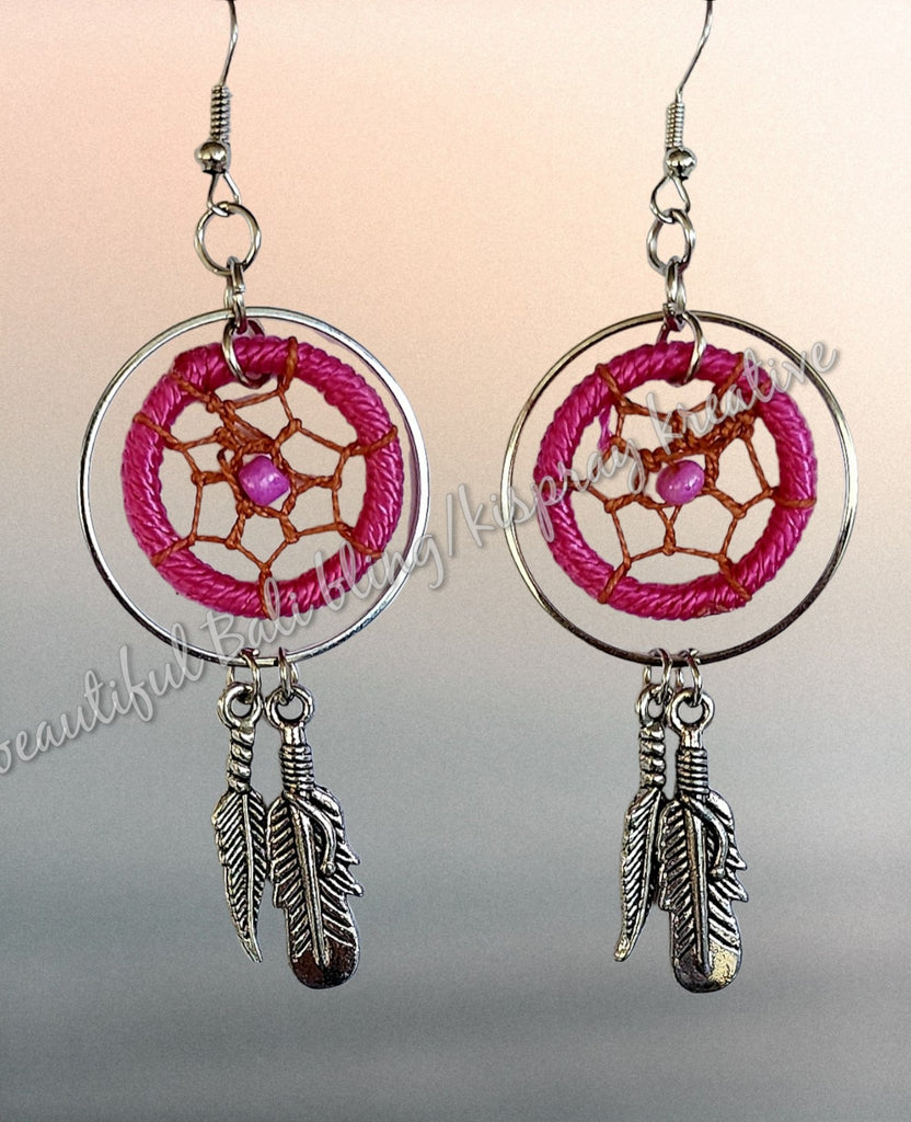 Ear rings, dreamcatcher Silver & hot pink length from top of hook approx 9 cm