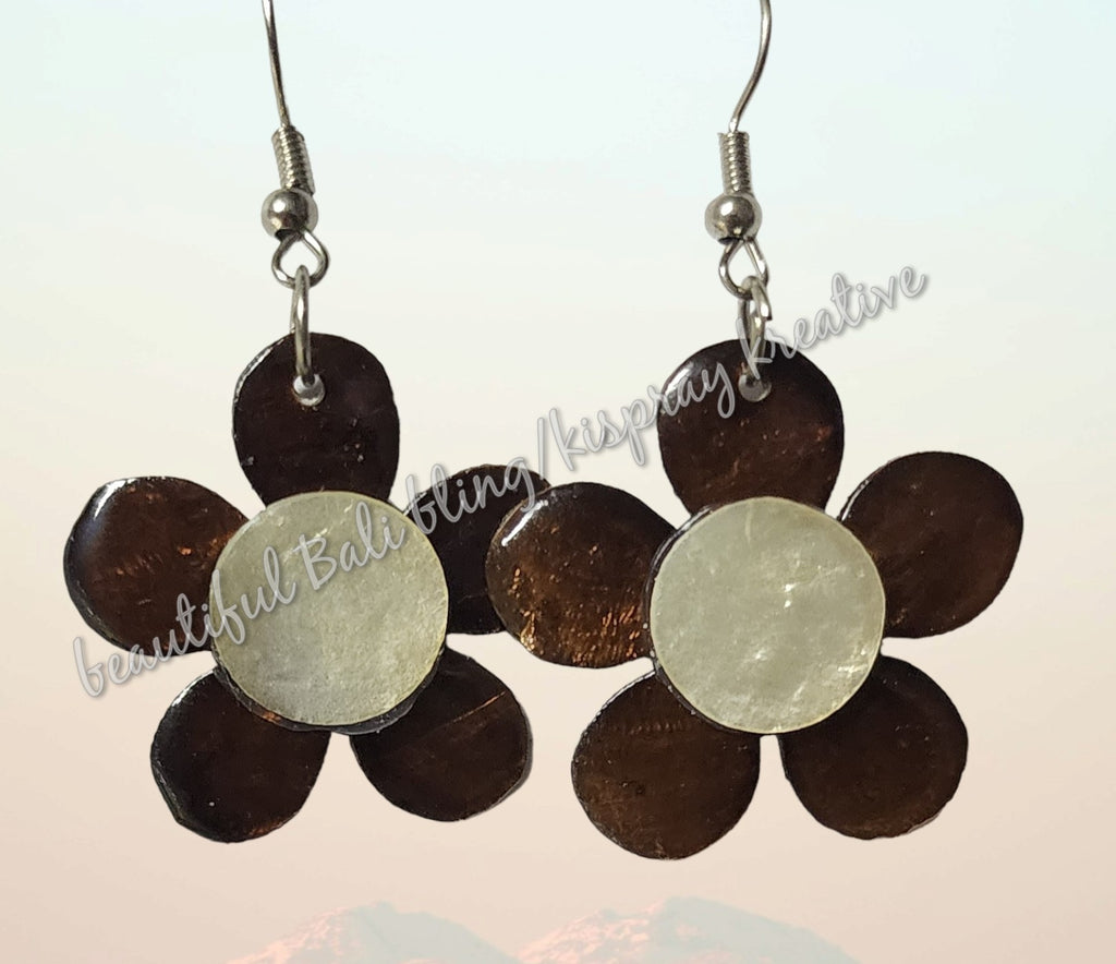 Earring, capiz capis shell flowers, 2 tone full length 4.5 cm