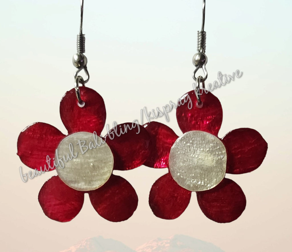 Earring, capiz capis shell flowers, 2 tone full length 4.5 cm