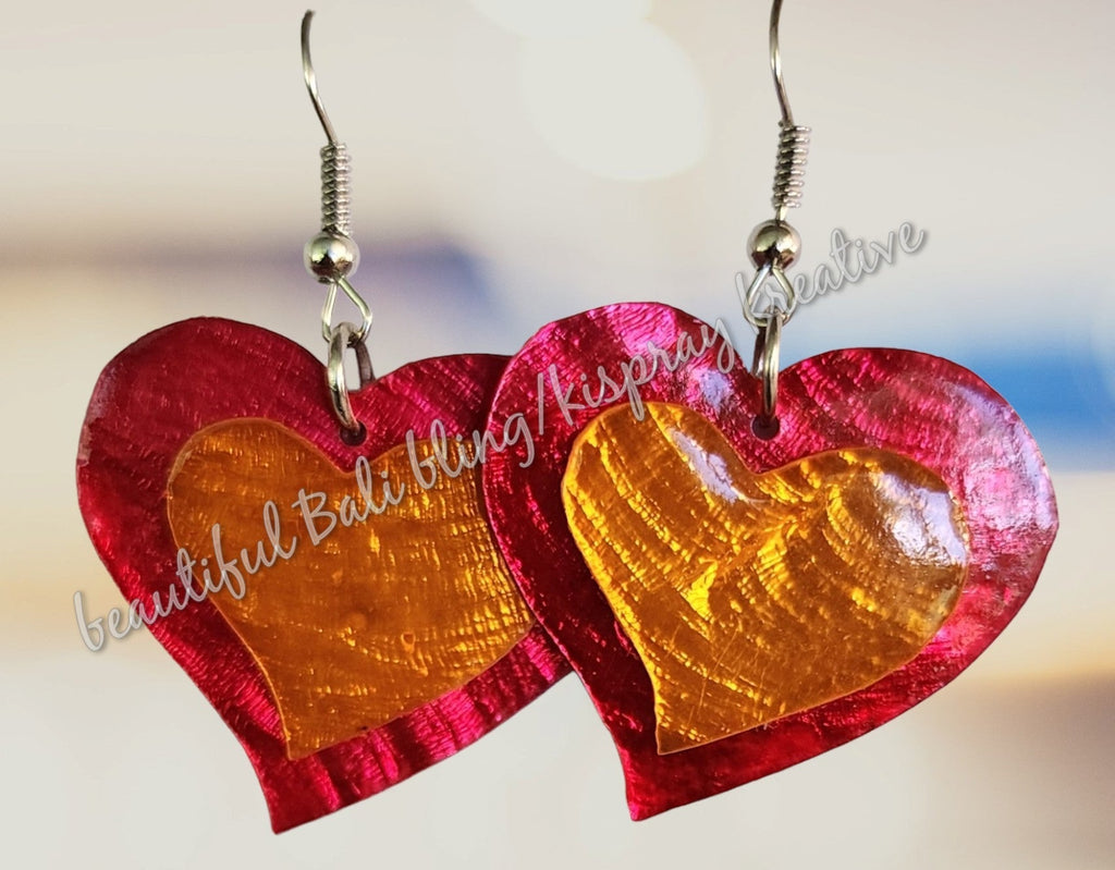 Earring, capiz shell, heart full length approx 4.5cm