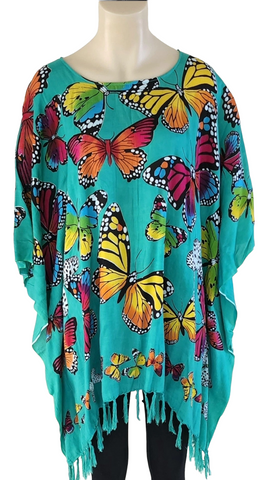 Kaftan, generous sizing, aqua with  multicoloured butterflies 4XL Suit to size 24 #8