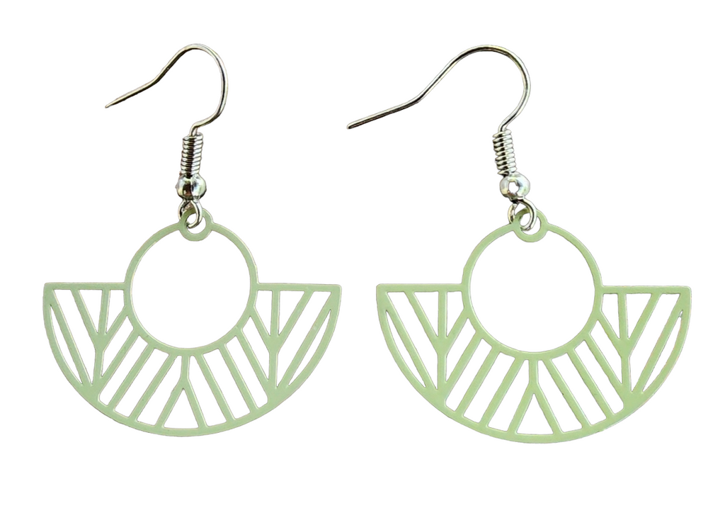 Earrings, boat dangles creamy/green. Size including earring hook is approx 40mm long.