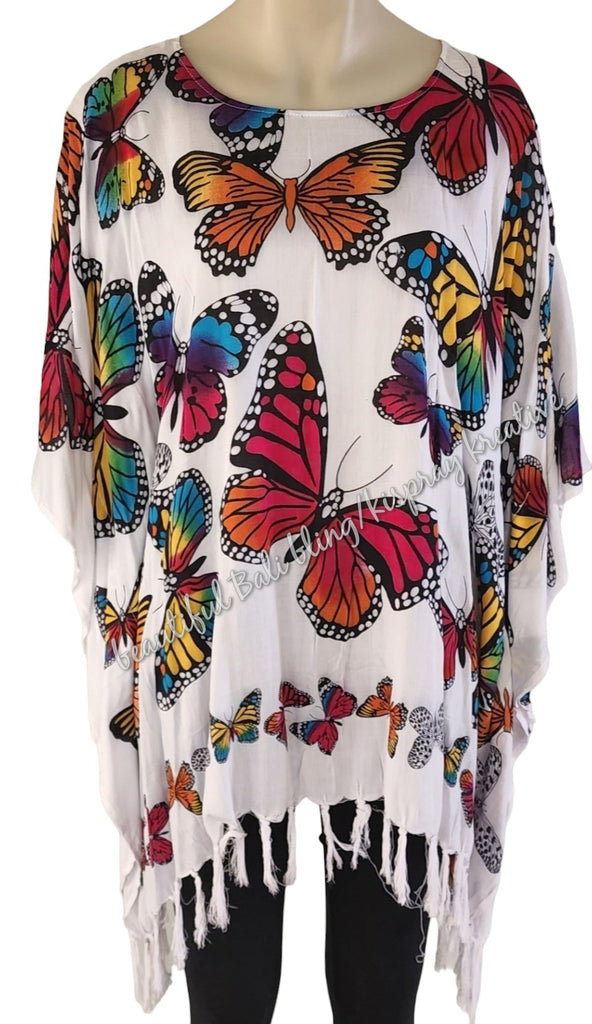 Kaftan, generous sizing, white with multicoloured butterflies 4XL Suit to size 24 #2