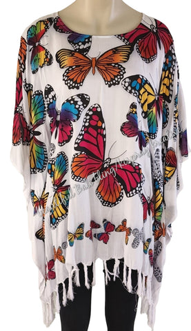 Kaftan, generous sizing, white with multicoloured butterflies 4XL Suit to size 24