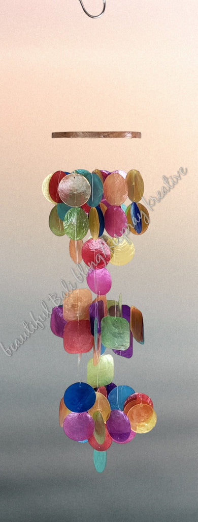 Capiz shell wind chime multicoloured solid top circle 73 cm drop  x 15 cm wide approx (#11)