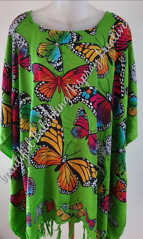 Kaftan, generous sizing, apple green with  multicoloured butterflies 4XL Suit to size 24