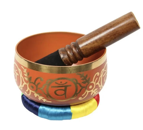 Tibetan singing bowl,  ORANGE 13 cm.with cushion and wand