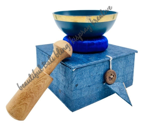 Tibetan singing bowl, DARK BLUE 10.5 cm.with cushion and wand in hand made gift box