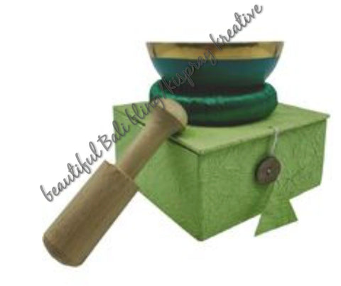 Tibetan singing bowl, GREEN 10.5 cm.with cushion and wand in hand made gift box