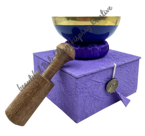 Tibetan singing bowl, PURPLE 10.5 cm.with cushion and wand in hand made gift box
