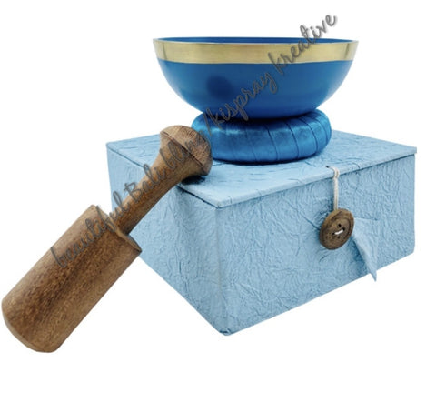 Tibetan singing bowl, LIGHT BLUE 10.5 cm.with cushion and wand in hand made gift box