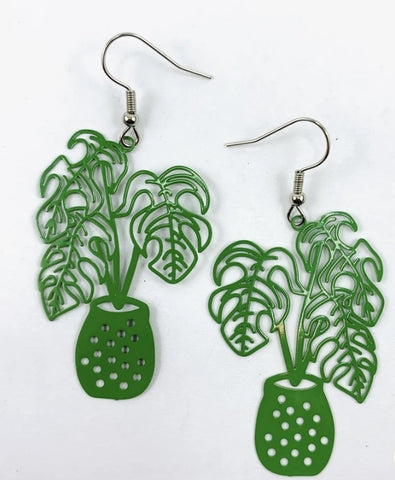 Earrings, monstera green. Length including earring hook is 60mm long.