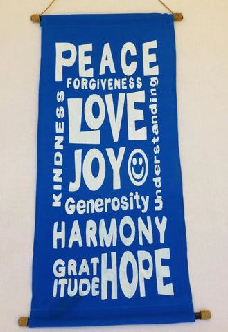 Sign, Fabric & twine Peace, Love, Joy BLUE 37 cm x 70 cm ( fabric length