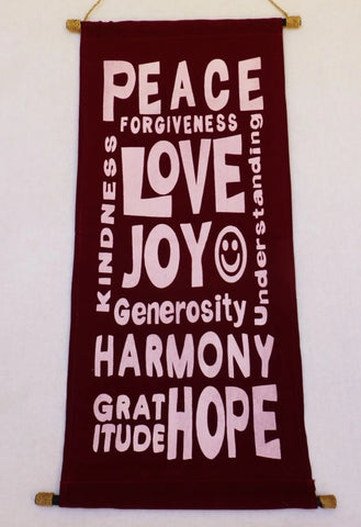 Sign, Fabric & twine Peace, Love, Joy MAROON 37 cm x 70 cm ( fabric length