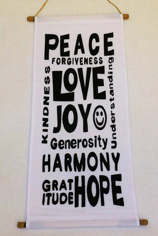 Sign, Fabric & twine Peace, Love, Joy WHITE 37 cm x 70 cm ( fabric length