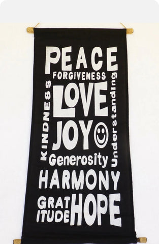 Sign, Fabric & twine Peace, Love, Joy BLACK 37 cm x 70 cm ( fabric length
