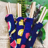 Bamboo reusable straw pack of 2, with cleaning brush, pineapple pattern bag