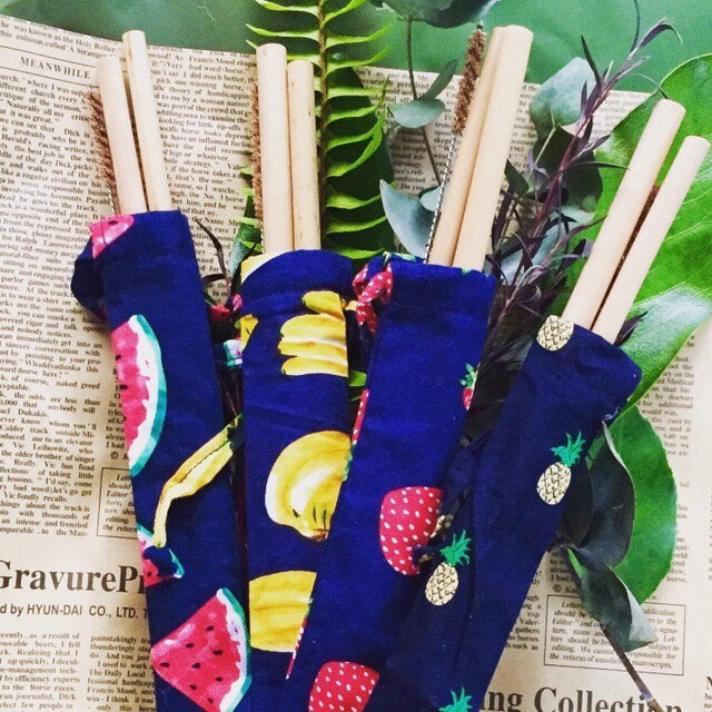 Bamboo reusable straw pack of 2, with cleaning brush, Strawberry pattern bag