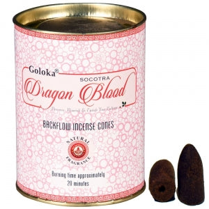 Incense Goloka Brand Incense BACKFLOW CONE Dragons Blood 24 cones per pack in a resealable tin