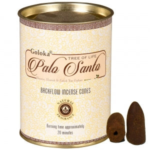 Incense Goloka Brand Incense BACKFLOW CONE Palo Santo 24 cones per pack in a resealable tin