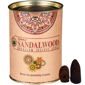 Incense Goloka Brand Incense BACKFLOW CONE Sandalwood 24 cones per pack in a resealable tin (#T)