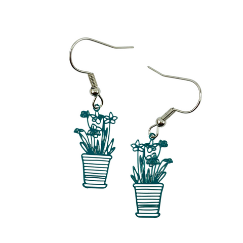 Earrings, filigree flower pot, green PETITE Length including earring hook is 40 mm long.